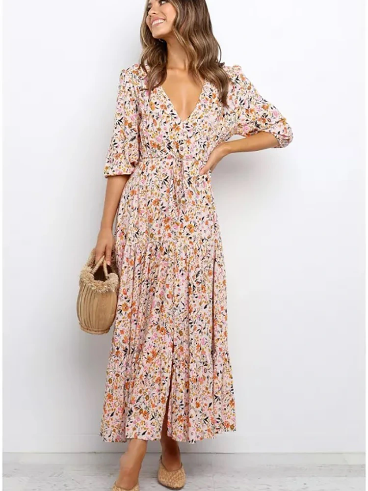 Robe longue d'été imprimée à col en V
